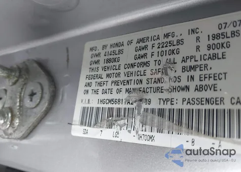 2007 Honda Accord 2.4 Ex из США, поврежденный, VIN 1HGCM56817A212469